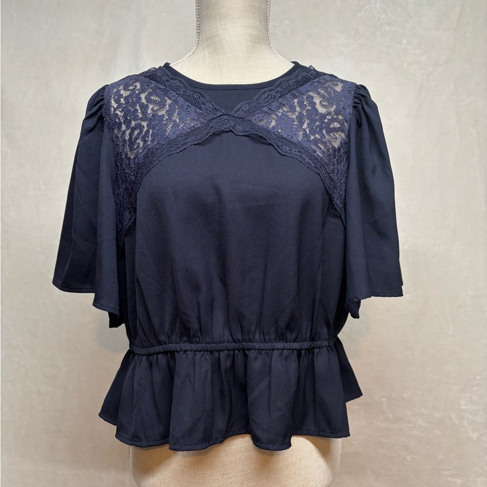 Vtg Express Womens L Navy Lace Y2K Romantic Blouse Peplum Soft Goth Whimsigoth